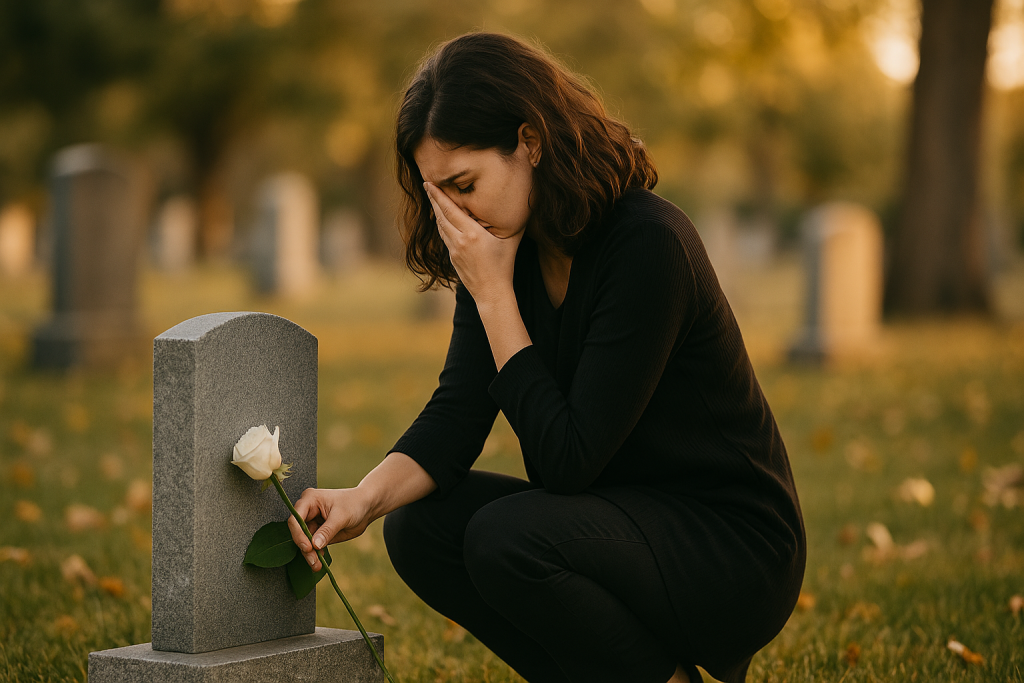 Grieving woman in black places a white rose on a gravestone in a quiet cemetery at sunset symbolizing wrongful death and the pursuit of justice.
