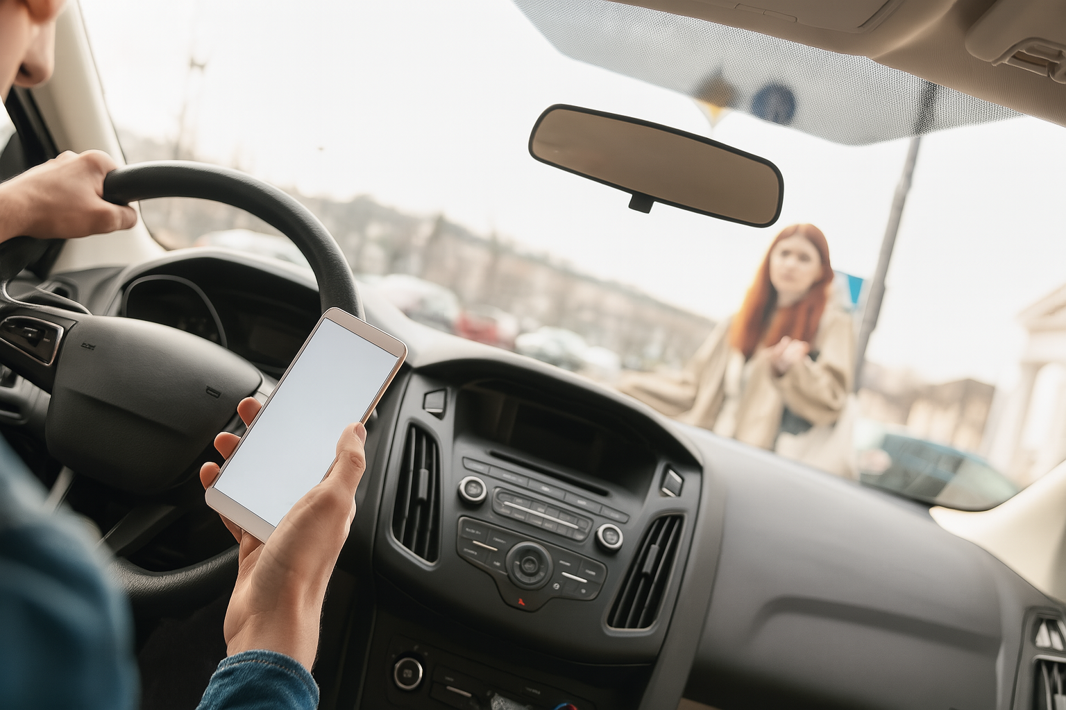 Distracted driver using smartphone behind the wheel as a pedestrian crosses in front of the car illustrating a common cause of pedestrian accidents.