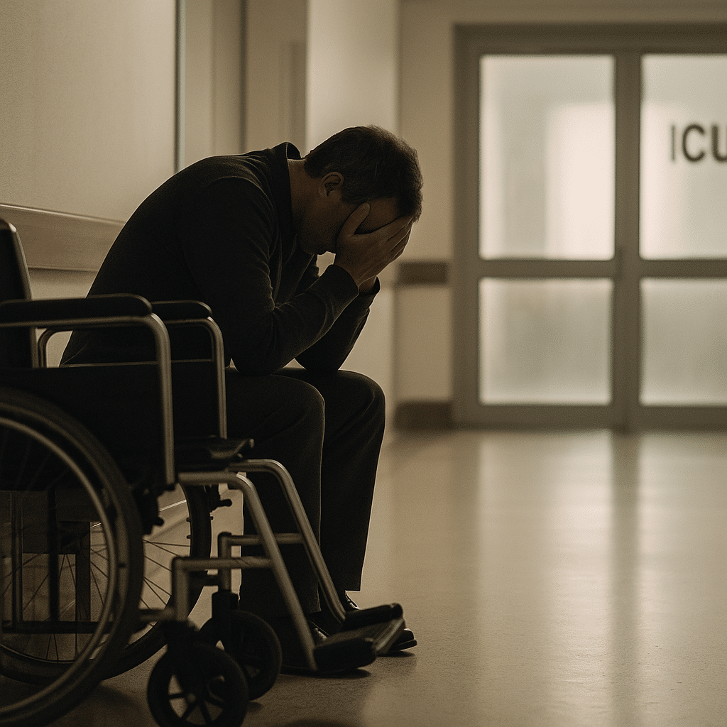Man in emotional distress sitting beside a wheelchair outside an ICU room in a hospital hallway, symbolizing the impact of catastrophic injuries.