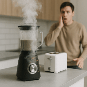 Smoking blender emitting sparks on a kitchen counter while a man reacts in shock symbolizing a product malfunction and potential injury risk.