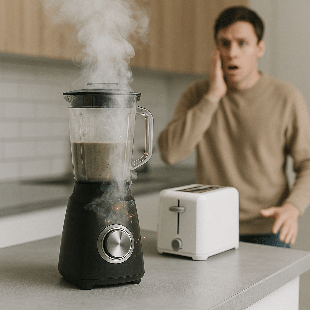 Smoking blender emitting sparks on a kitchen counter while a man reacts in shock symbolizing a product malfunction and potential injury risk.